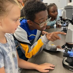 Students point and look at digital microscope screens.